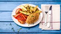 Mozzarella-Crusted Chicken with Blistered Tomatoes and Potato Wedges Mozzarella-Crusted Chicken with Blistered Tomatoes and Potato Wedges