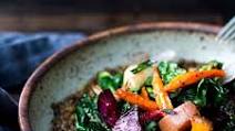 Roasted Root Veggies & Greens over Spiced Lentils Roasted Root Veggies & Greens over Spiced Lentils