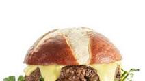 Pub Burgers with Hot Beer Cheese on Soft Pretzel Rolls Pub Burgers with Hot Beer Cheese on Soft Pretzel Rolls