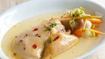 Whole foie gras lobe poached in Japanese stock and small vegetables from Kyoto, seasoned with yuzu-kosho : Whole foie gras lobe poached in Japanese stock and small vegetables from Kyoto, seasoned with yuzu-kosho :