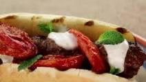 Kefta Dog with Roasted Tomatoes, Ballpark Style Kefta Dog with Roasted Tomatoes, Ballpark Style