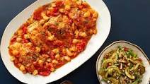 Salmon & Shrimp in Calabrian-Tomato Sauce with Sautéed Vegetables & Basil Pesto Salmon & Shrimp in Calabrian-Tomato Sauce with Sautéed Vegetables & Basil Pesto