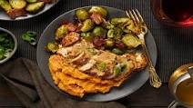 Butter-Basted Chicken Breasts with Candied Bacon Brussels Sprouts and Mashed Sweet Potatoes Butter-Basted Chicken Breasts with Candied Bacon Brussels Sprouts and Mashed Sweet Potatoes