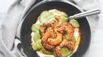 Whole30/Paleo pureed cauliflower with pesto and blackened shrimp Whole30/Paleo pureed cauliflower with pesto and blackened shrimp