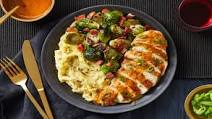 Butter-Basted Chicken Breasts with Candied Bacon Brussels Sprouts and Mashed Potatoes Butter-Basted Chicken Breasts with Candied Bacon Brussels Sprouts and Mashed Potatoes