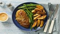 Crispy Monterey Jack Chicken with Buttery Green Beans, Potato Wedges, and Spicy Mayo Crispy Monterey Jack Chicken with Buttery Green Beans, Potato Wedges, and Spicy Mayo