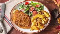 Zesty Breaded Chicken Breasts with Roasted Potatoes and Creamy Mixed Greens Zesty Breaded Chicken Breasts with Roasted Potatoes and Creamy Mixed Greens