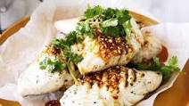 Barbecued fish with Thai dressing and coconut rice Barbecued fish with Thai dressing and coconut rice