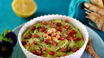AVOCADO & CHICKPEA HUMMUS with POMEGRANATE SEEDS AVOCADO & CHICKPEA HUMMUS with POMEGRANATE SEEDS