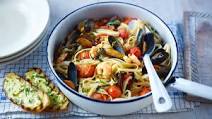 Seafood pasta with garlic bread Seafood pasta with garlic bread
