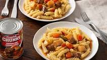 Chunky Vegetable Beef poured over Pasta Chunky Vegetable Beef poured over Pasta