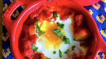 Baked Eggs over Pisto with Chorizo and Manchego Baked Eggs over Pisto with Chorizo and Manchego