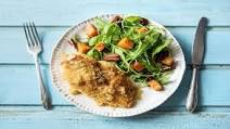 Parmesan-Crusted Chicken with Roasted Sweet Potato, Cranberry, and Arugula Salad Parmesan-Crusted Chicken with Roasted Sweet Potato, Cranberry, and Arugula Salad