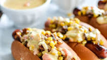 Hot Dogs with Chipotle Cheese Sauce and Bacon-Corn Relish Hot Dogs with Chipotle Cheese Sauce and Bacon-Corn Relish